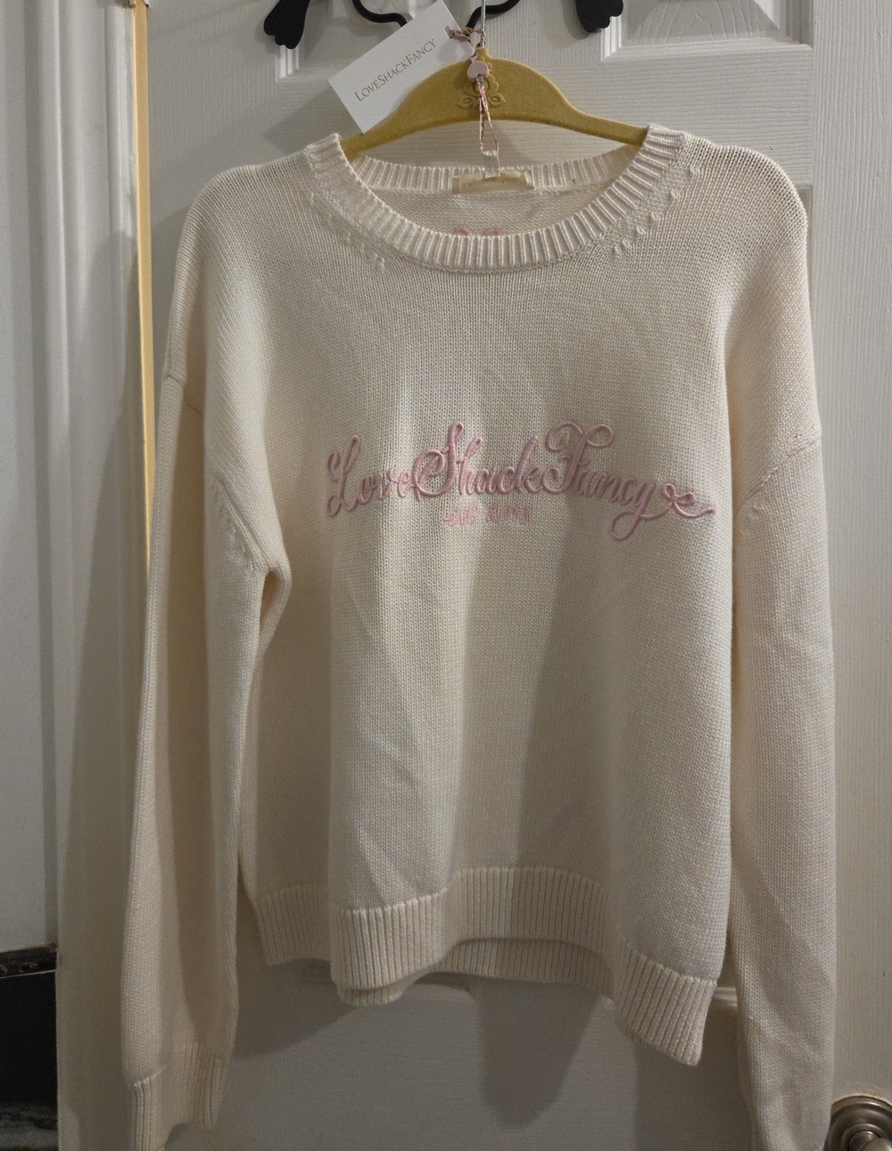 LoveShackFancy Cream Crewneck Sweater with Pink Script Logo